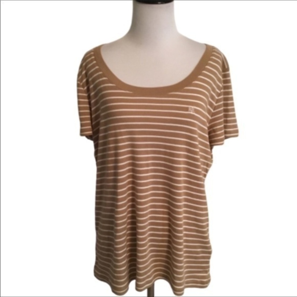 LAUREN Ralph Lauren Tan & White Stripe Short Sleeve Top XL